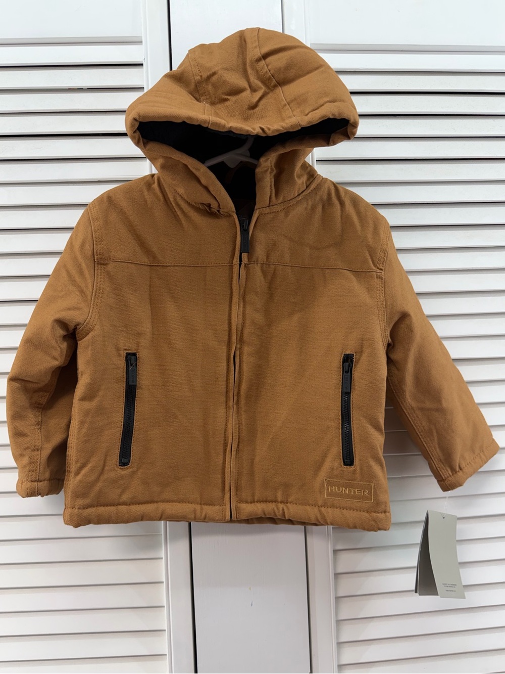 Hunter Kids size 3T Hooded canvas Jacket in Tan Brown and black Sherpa lined